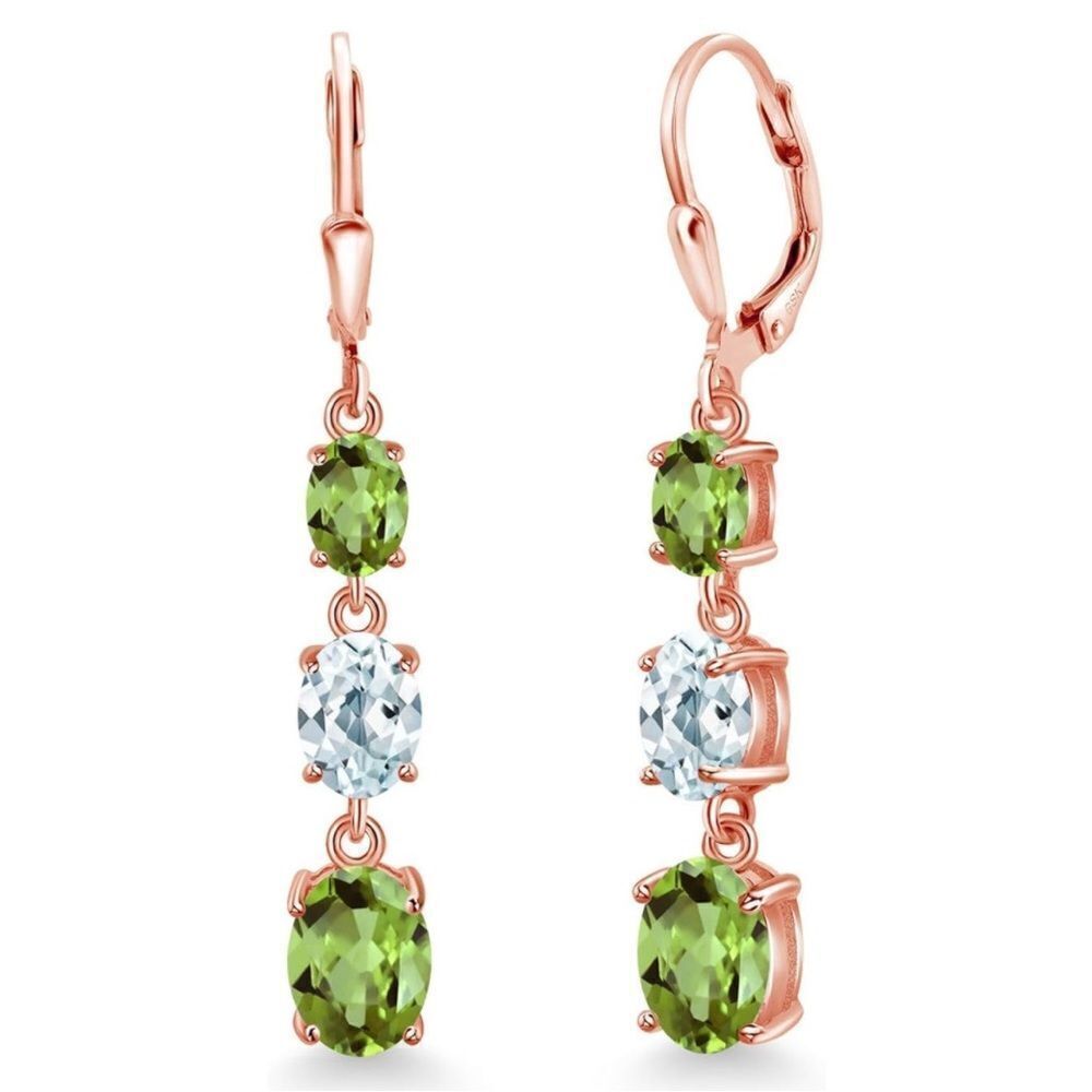 18K Rose Gold with 5.34 Cttw 3 Stone Peridot and Sky Blue Aquamarine Earrings